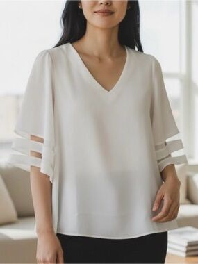 Women's White V-Neck Flutter Sleeve Blouse